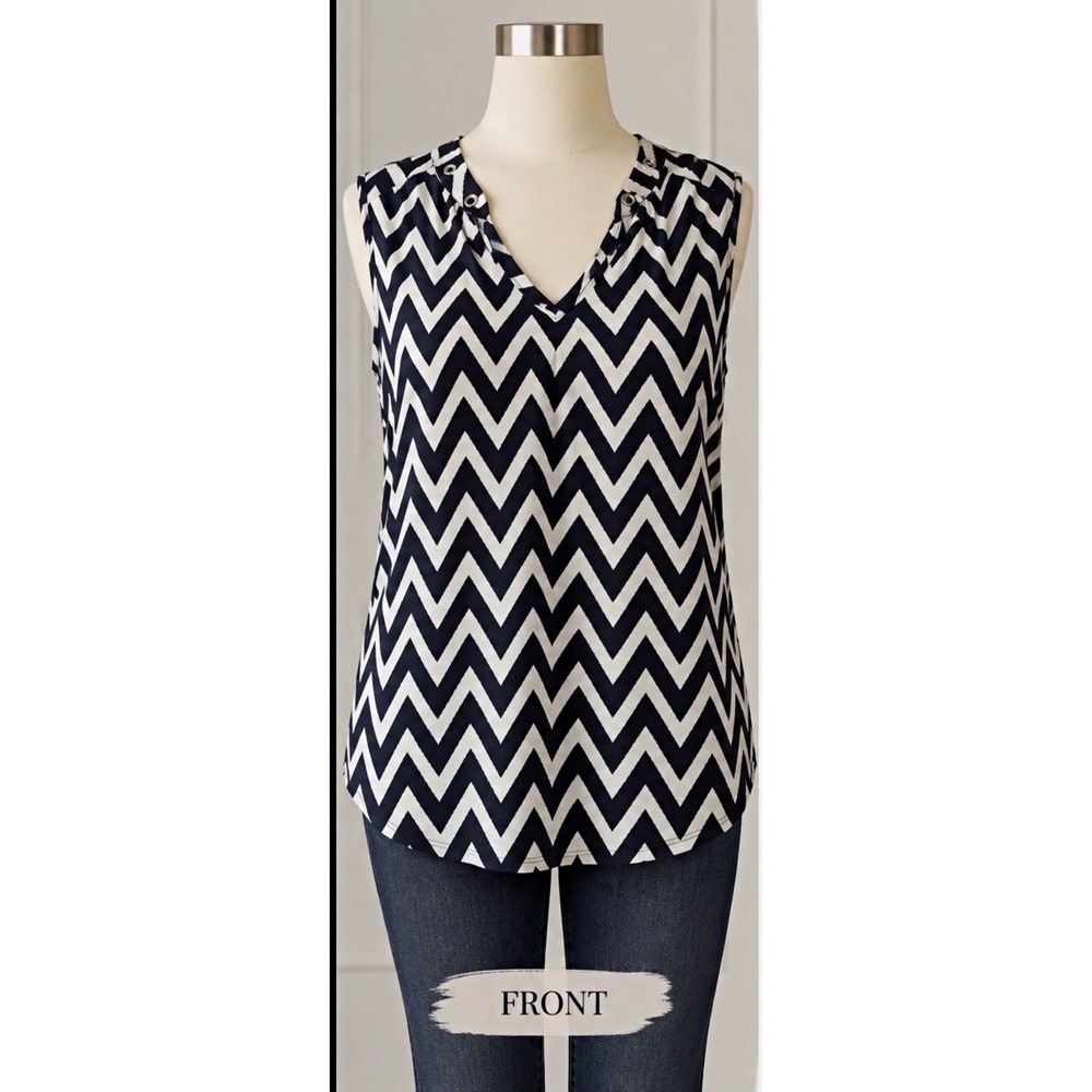 Cato Womens Navy White Chevron V-Neck Sleeveless Knit Tank Top Grommet M